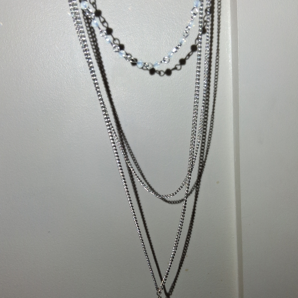 Elegant Silver Tone Layered Necklace Crystals
